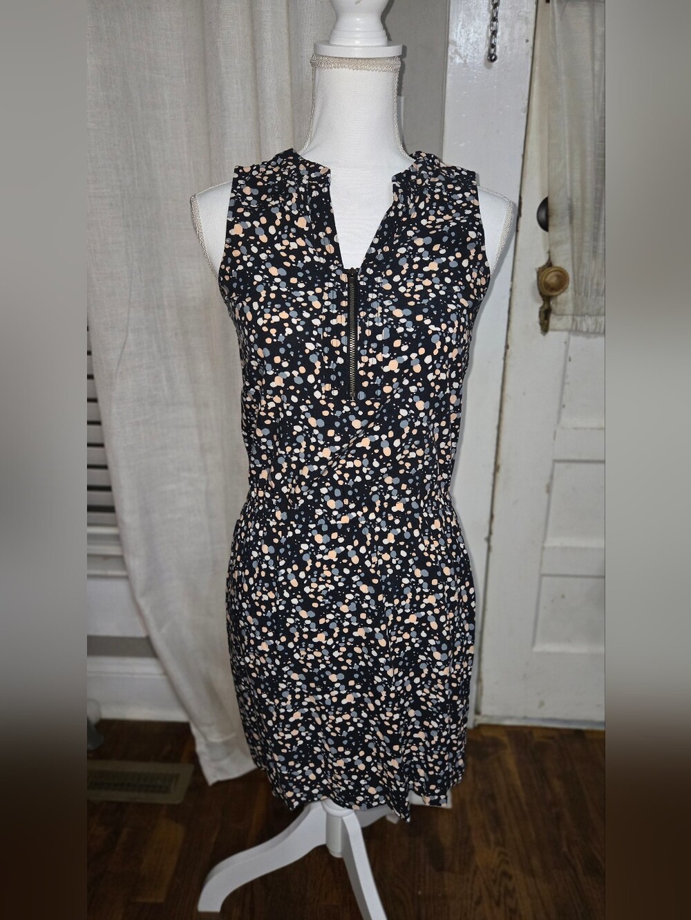 Banana Republic Black Sleeveless Mini Dress with Peach & White Dot Print